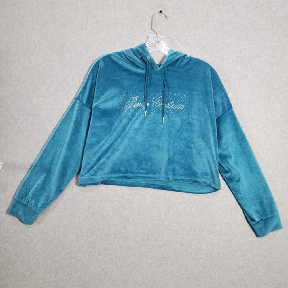 Juicy Couture Women Sweatshirt Medium Blue Crop Hoodie Y2K Rhinestone Corduroy